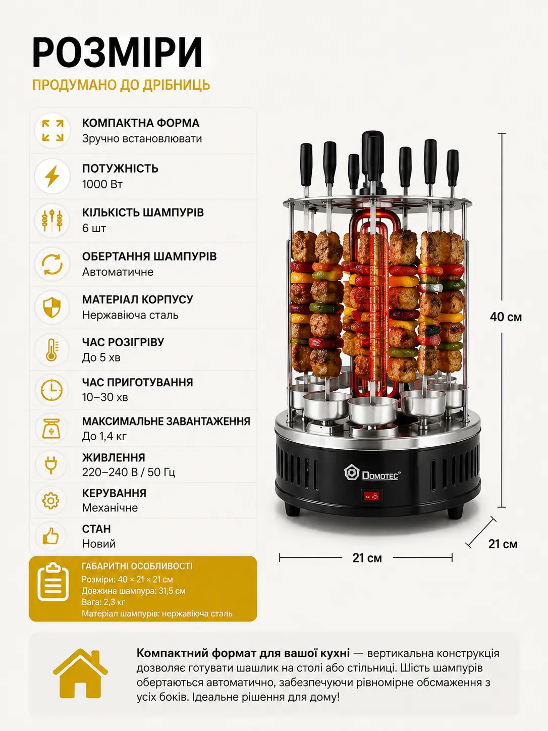Компактні розміри електрошашличниці Domotec